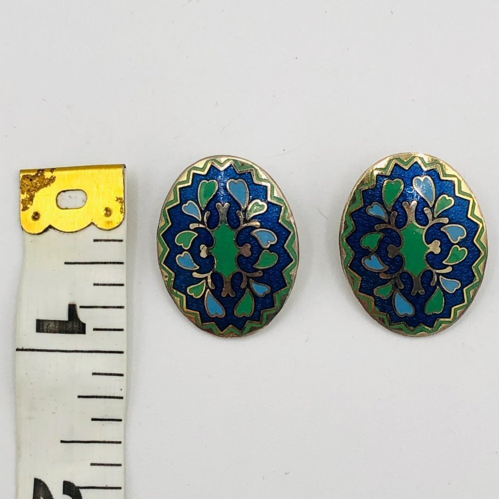 Vintage Blue and Green Enamelled Earrings - Picture 5 of 5